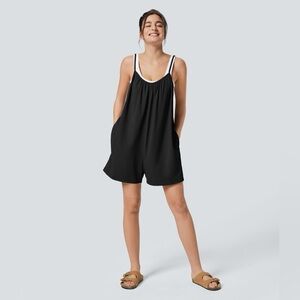 Halara Romper Womens Medium Black Oversized Spaghetti Straps Pockets Stretch